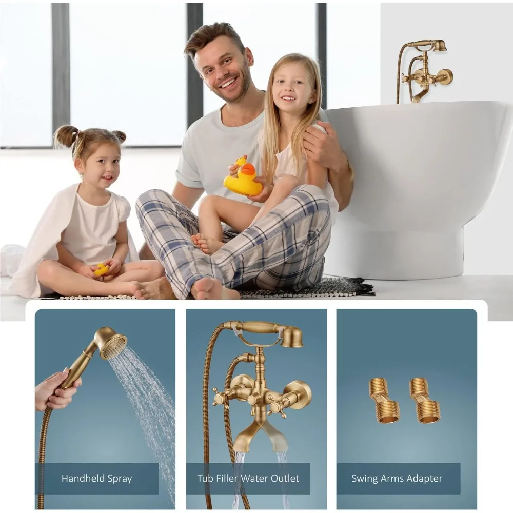

Wall Mount Bathtub Faucet with Handheld Sprayer Antique Brass Tub Shower Faucet Vintage Double Cross Handle Swivel
