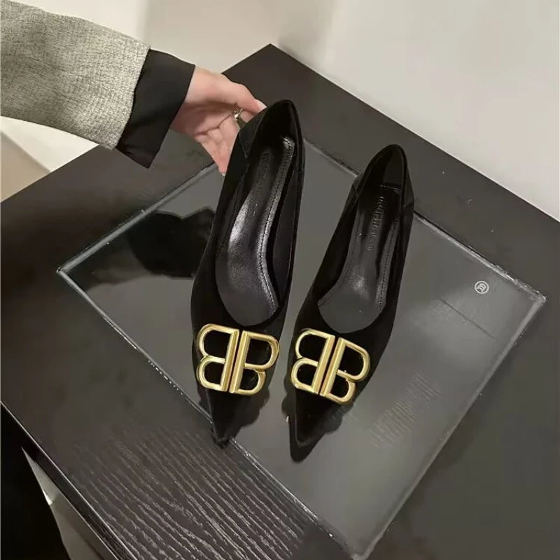 New 2025 women's spring fashion big brand metal letter pointed shallow mouth modify foot shape flat heel single shoes