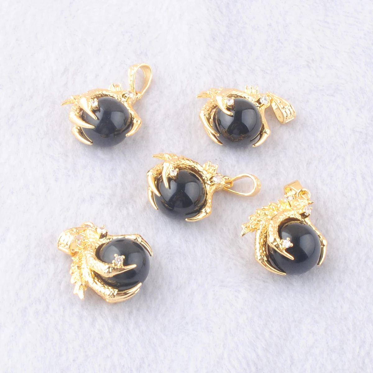 5Pc Black Natural Obsidian Stone Pendants Golden Dragon Claw Wrapped Round Ball Reiki Chakra Charm Jewelry Christmas Gift EN3091