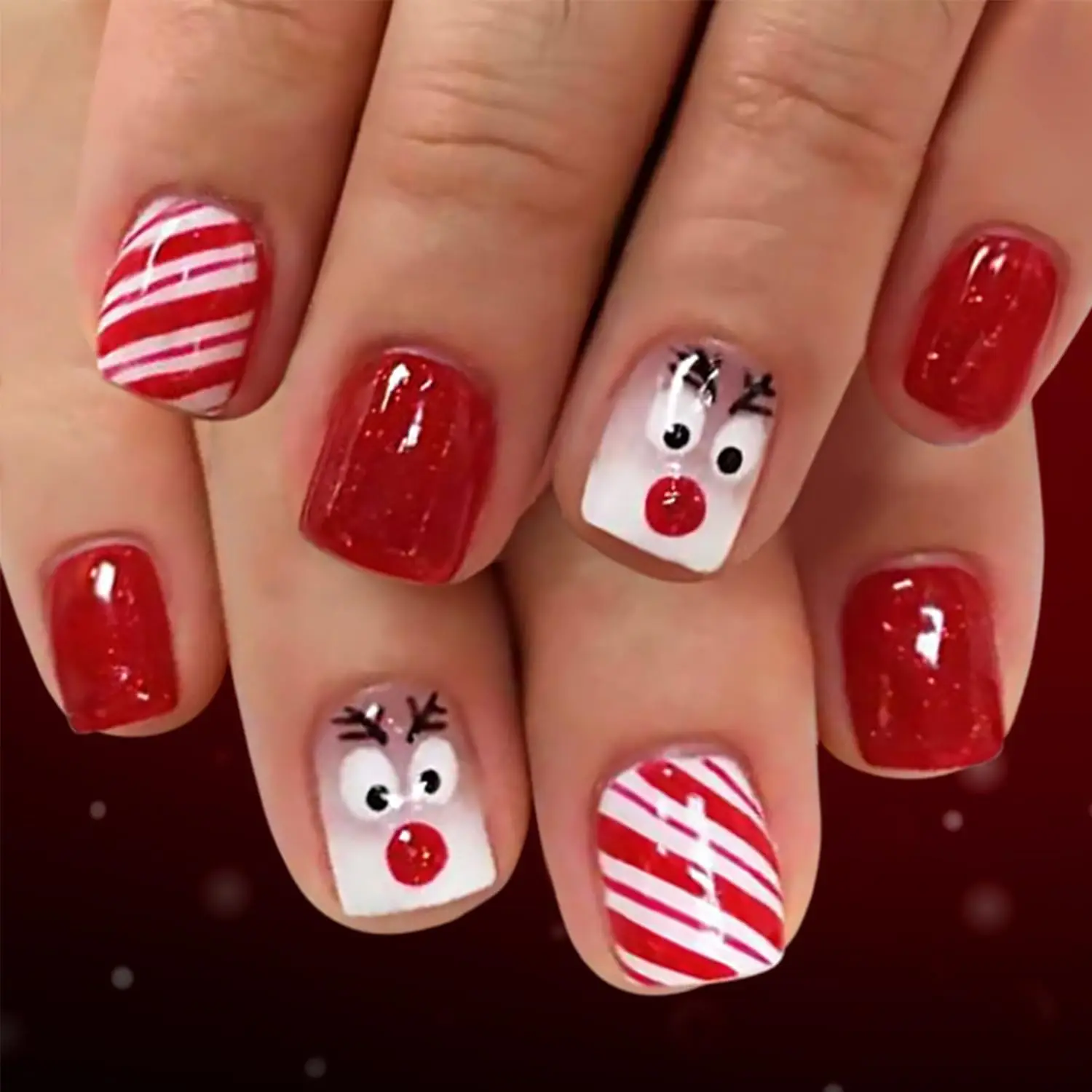 24 قطعة عيد الميلاد الصحافة على الأظافر قصيرة مربع الأظافر وهمية مع الكرتون إِلْكَة عيد الميلاد الحلوى تصميم نعش قصير الأظافر كاذبة بريق #1