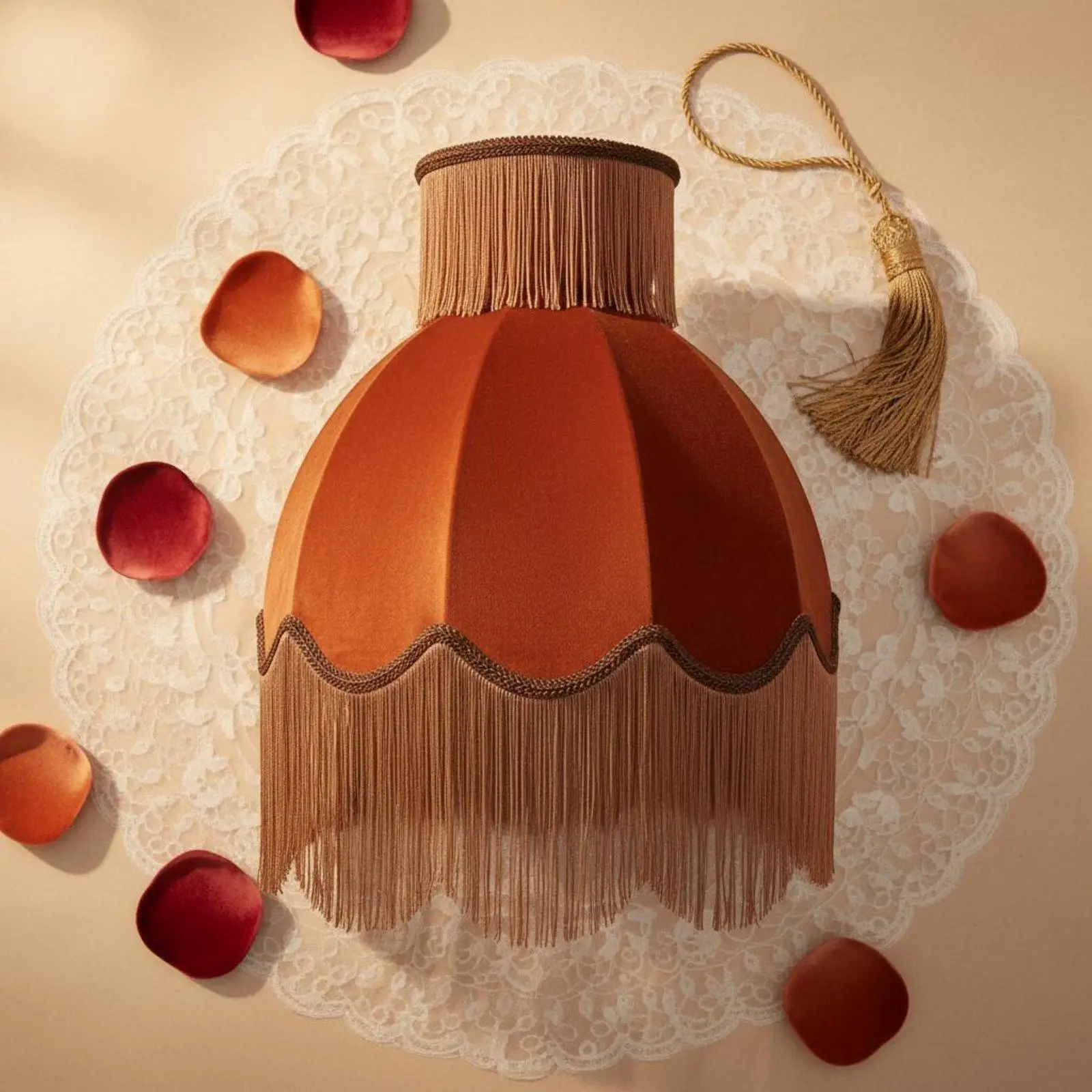 Velvet Lampshade Caramel Tone Tassel Lamp Cover for Living Room Hotel Floor Lamp Modern Ambient Lighting Shade
