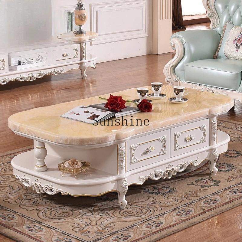 

European all solid wood carving flower paint drawing gold and silver living room coffee table