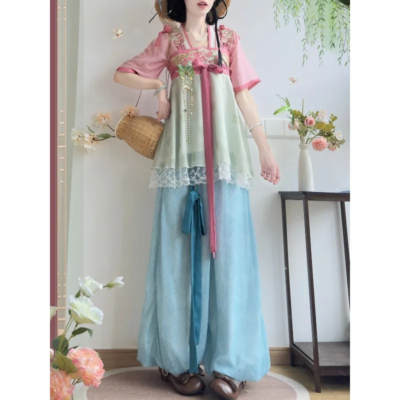 

New Chinese Style 3Pcs Set Women Embroidered Camisole + Short Sleeve Top + Wide Leg Pants Daily Han Element Outfit
