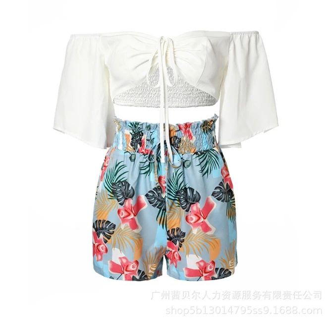 Summer Vacation Two-piece Casual Women's Elegant Off Shoulder Short Sleeved Lace Up Vest Top and High Waisted Shorts Set