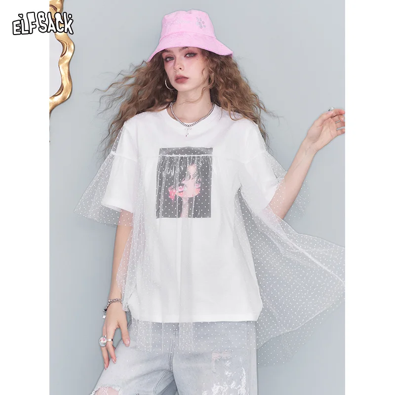 ELFSACK 2025 Summer New Arrival Loose Sweet Cool Polka Dot Mesh Patchwork White Animated Printed For Women T-Shirt