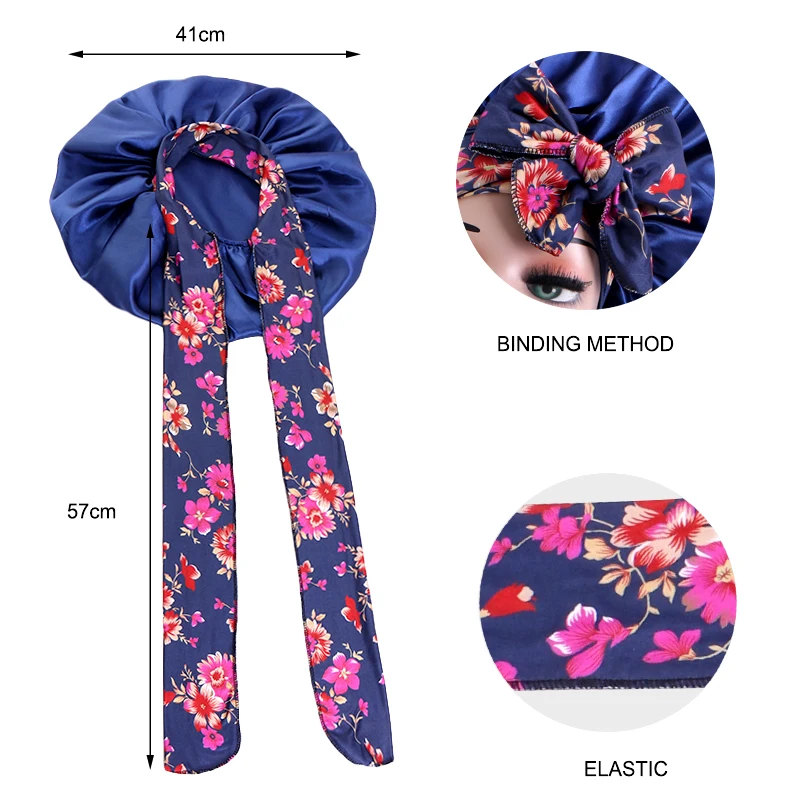 New Women Extra Large African Print Silky Bonnets with tie Band  Elastic Band Night Sleep Cap Adjustable Wide Band Head Wrap Hat