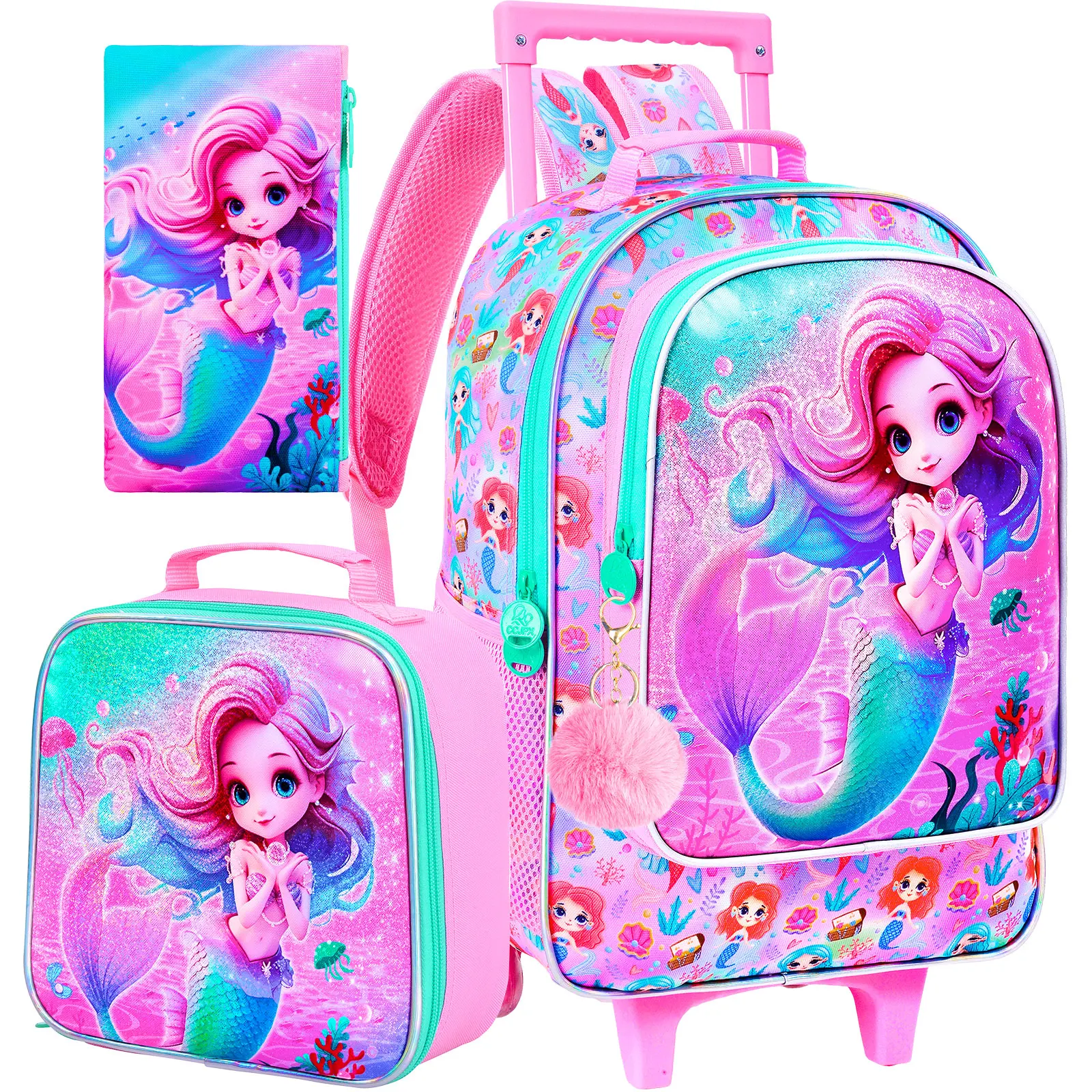 

3PCS Rolling Backpack for Girls , Kids Roller Wheels Bookbag, Wheeled School Bag with Lunch Bag