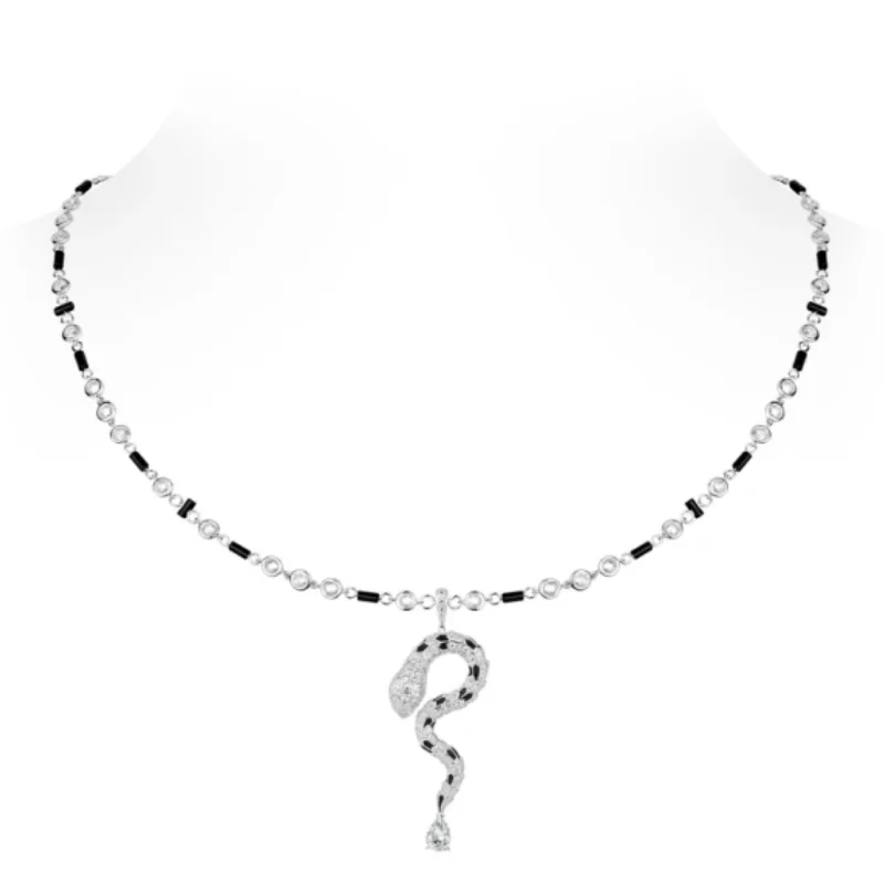 

BELLUX Pendant Chain 925 Silver Synthetic Zircon Black White Full Diamond Snake Light Luxury Ring Buckle Fashion Necklace