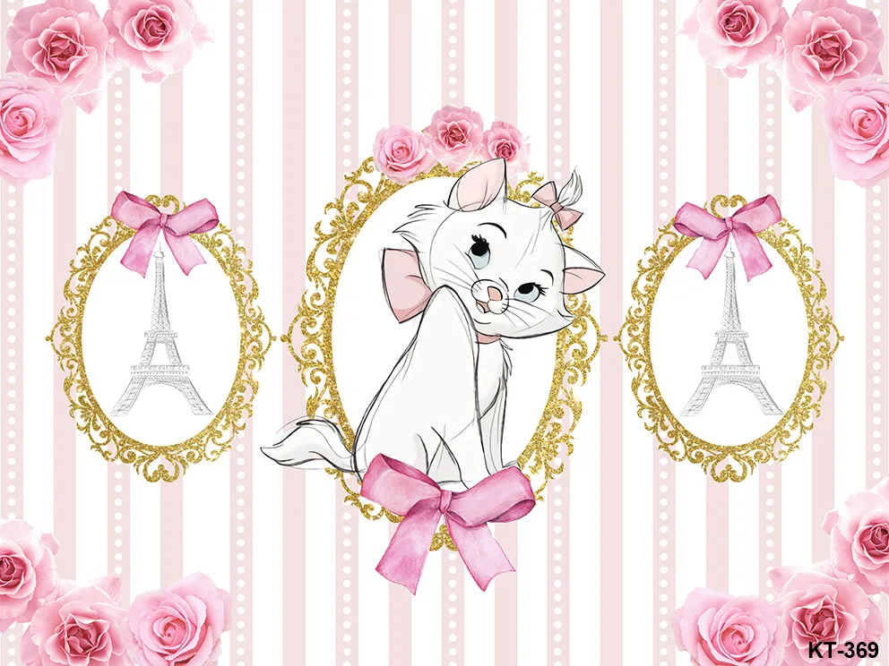 Cute Cat Marie Flowers Pink Girl Party Background Custom Child Birthday Table Decoration Photography Photo Background Vinyl Banner