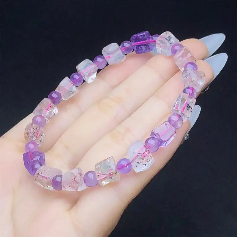 

Natural Super Seven Quartz Cube Bracelet Women Fashion Healing Crystal Round Beads Lovers Strand Jewelry 1PCS
