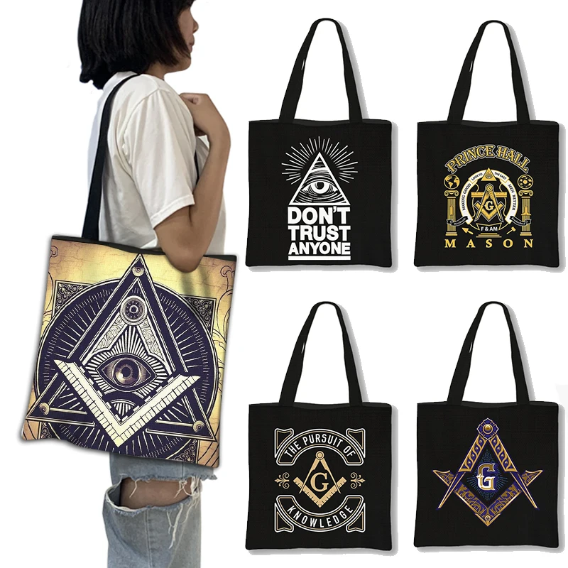 Masonic Illuminati Pyramid Eye Print Shoulder Bag Freemason Totes Bags Causal Handbag Female Reusable Storage Shopping Bags