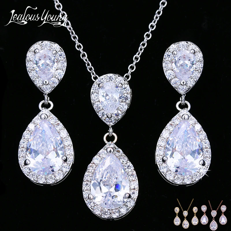 Luxury Double Drop Water Zirconia Jewelry Sets With Silver Color Nigerian Jewelry Set for Women Fashion Indian Wedding Jewellry