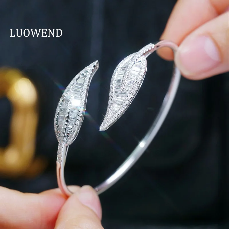 LUOWEND 100% 18K White Gold Bangle Fashion Leaf Shape 1.75carat Real Natural Diamond Bangle for Women High Party Jewelry