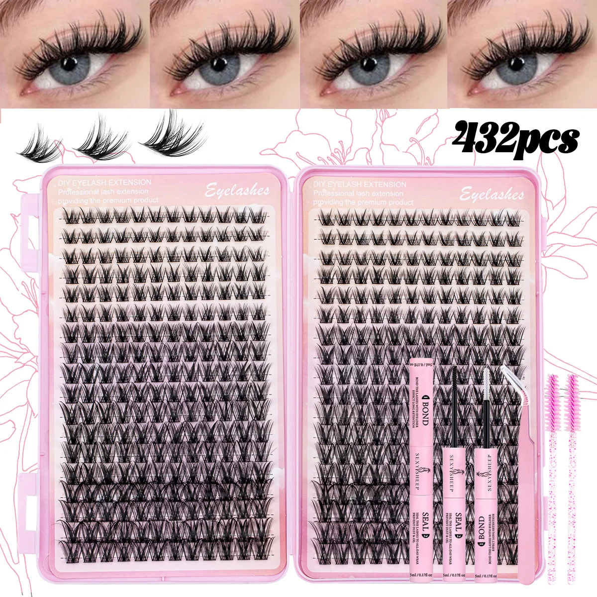 Cluster di ciglia Manga Ciglia individuali sottili Estensioni ciglia a grappolo naturali fai-da-te con pinza per ciglia Bond & Seal per principianti