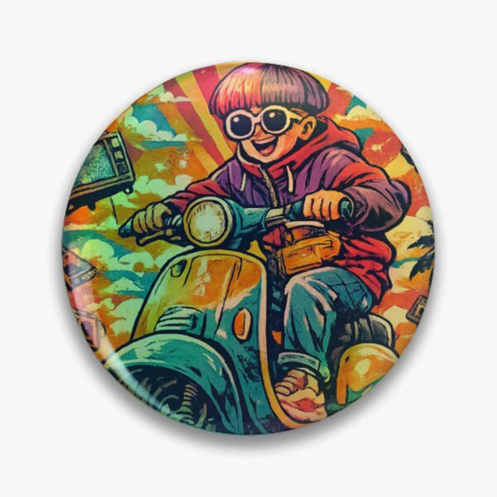 Life Goes On Retro Scooter Adventure – Vintage 90s Music Inspired Artwork Pin Holographic Star Heart Pin Brooches Laminated Butt