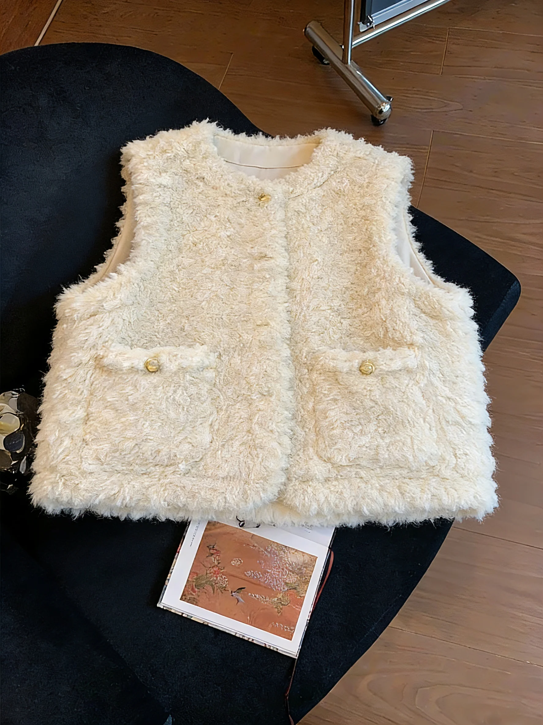 

Chic Lamb Fur Vest Women's Spring Autumn Soft Versatile Svel Top Casual Asymmetric round Ne Warmth Balanced Length