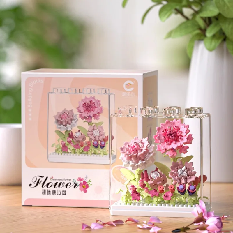 Caja de exhibición DIY, flor eterna, rosa inmortal en maceta, jardines de girasoles, bloques de construcción románticos, modelo de ladrillos, juegos para niños, Kits de juguetes