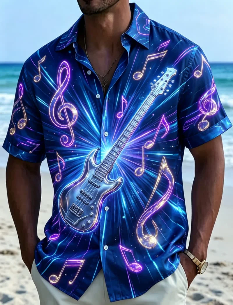 

Men's neon instrument printed short sleeved shirt, suitable for music activities, daily wear, and versatile artistic styles