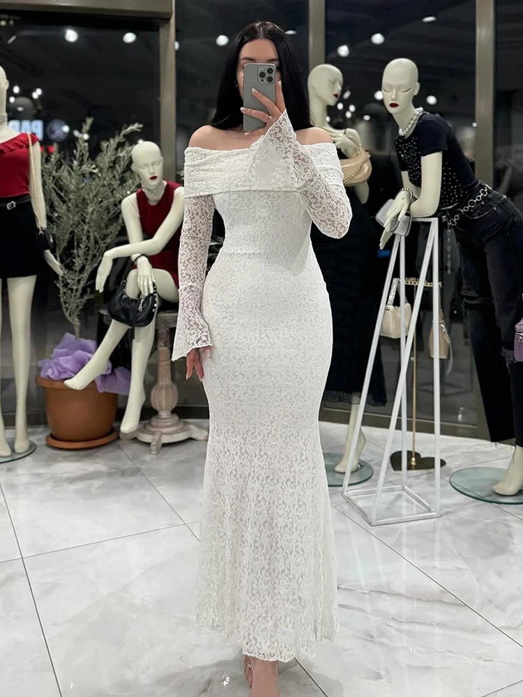 Temperamento sólido luxo banquete vestido elegante cintura alta envoltório quadris vestido de festa sexy slash colarinho renda bordado vestido de noite