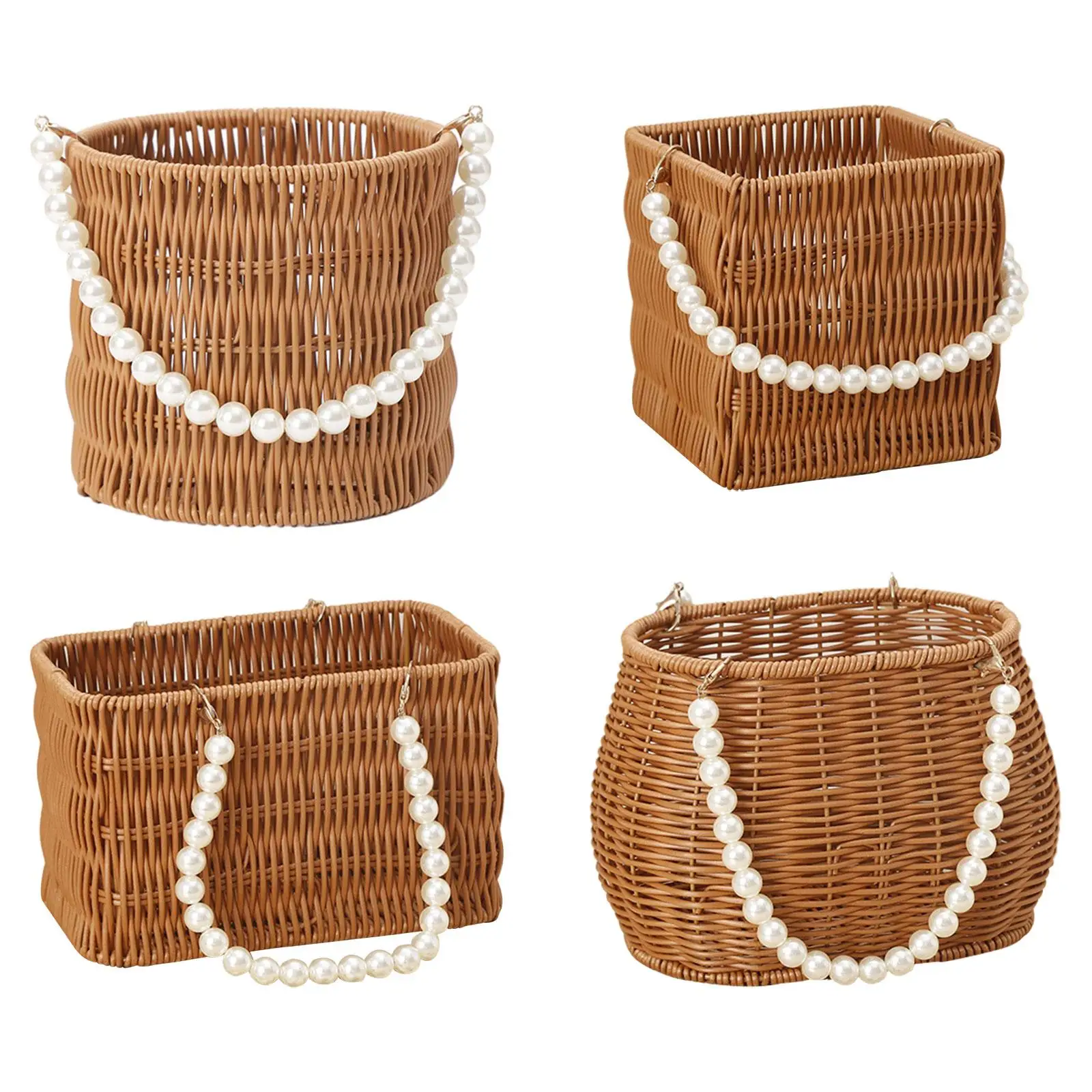 Imitation Rattan Basket Flower Basket Handwoven Basket Artificial Pearl Handle Multifunctional for Women Sturdy