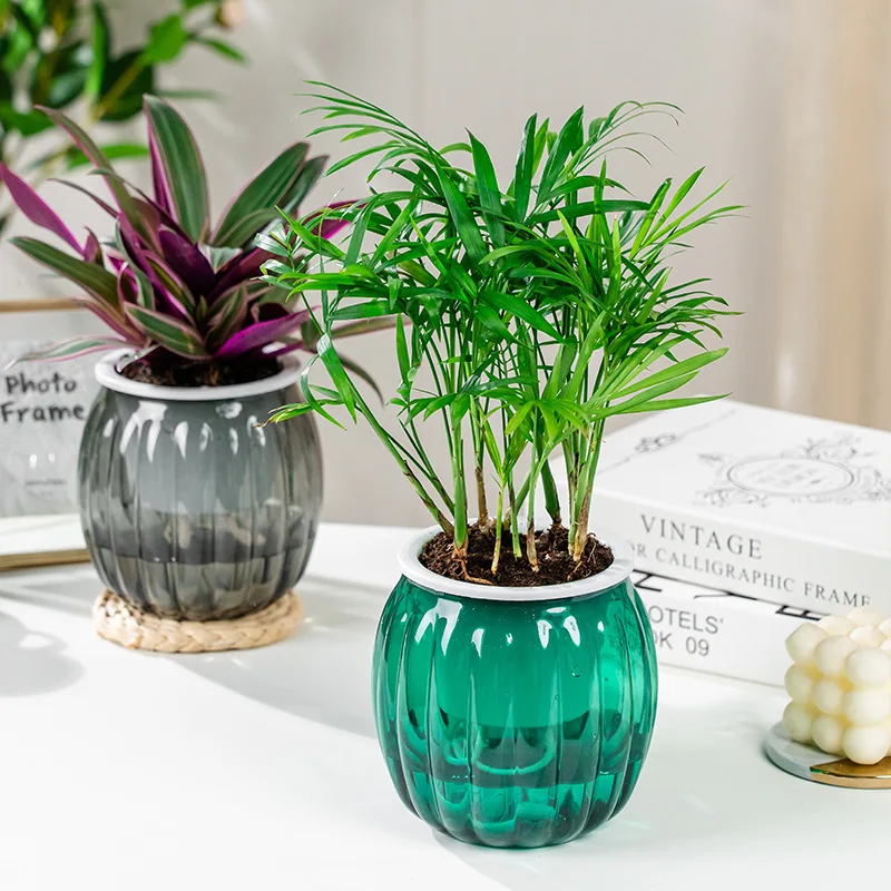 Lazy Flower Pot Outer And Inner Pot Imitation Glass Series Garden Plastic Self Watering Flowerpot With Cotton Rope