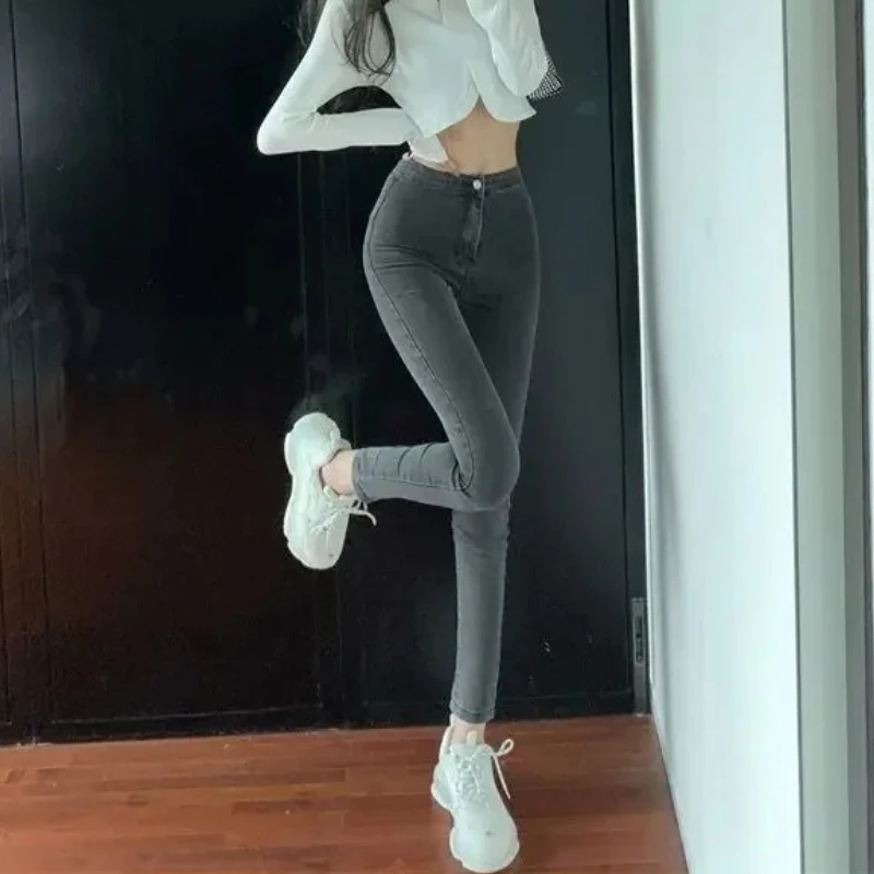 Jeans feminino tornozelo comprimento magro ulzzang básico bodycon lápis nova moda all-match casual sólido high street vintage denim coreano