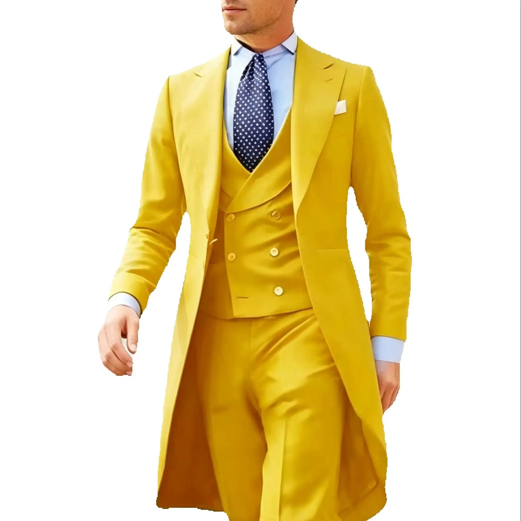 

Yellow Mens Groom Tuxedos Tailcoat Formal Dress Suits Swallow Tail Coat Male Jacket Vest Pants Party Set Dance Magic Performance
