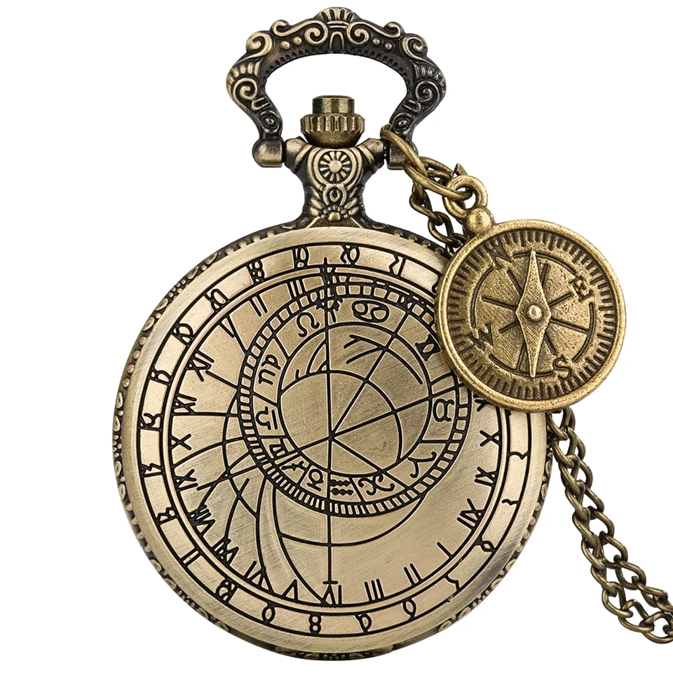 Antique Retro Bronze Compass Prague Astronomical Design Analog Pocket Watch Quartz Necklace Clock Men Women Fob Watches Pendant