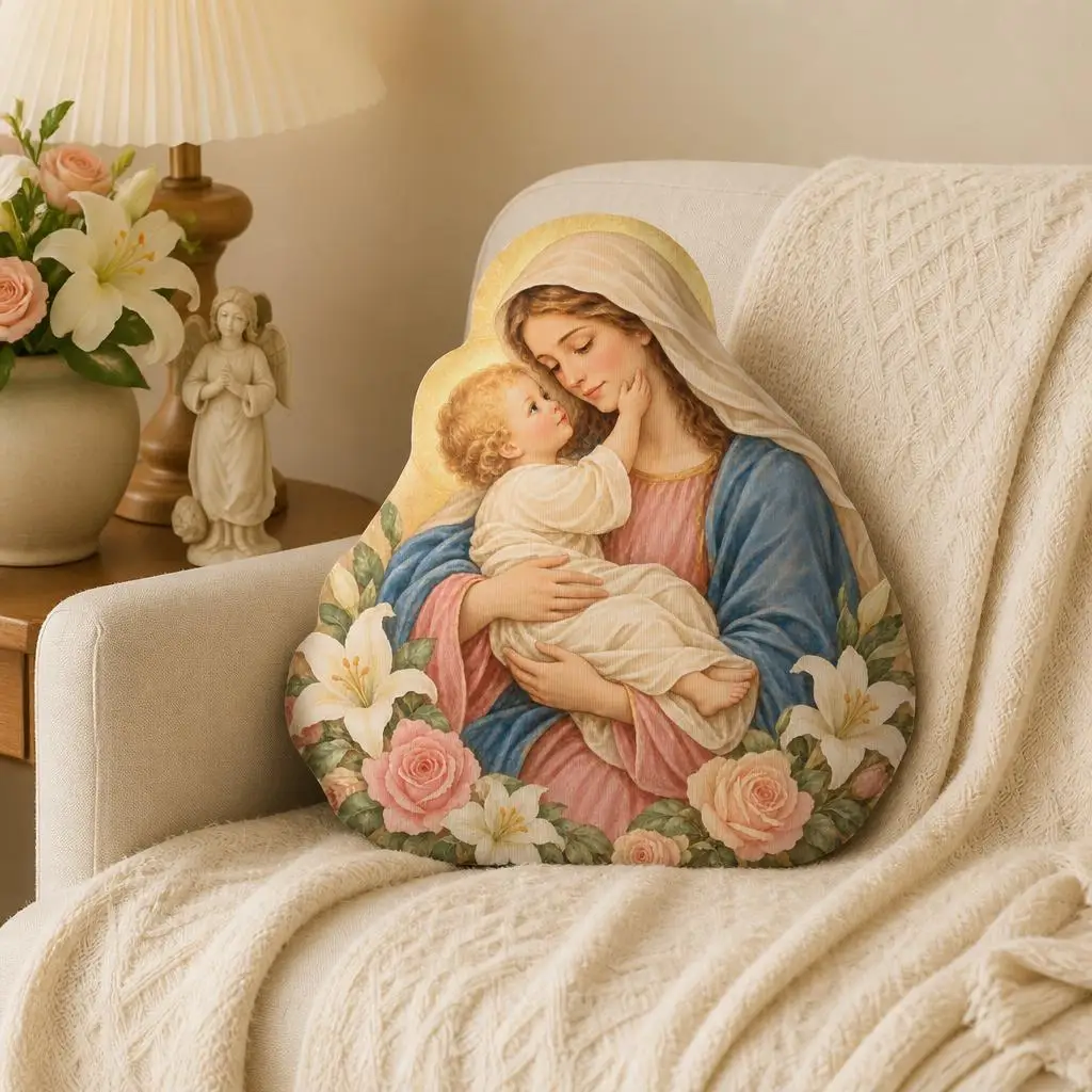 Virgin Mary and Child Catholic Devotional Plush Pillow Floral Cushion Shaped Stuffed Throw Pillow Religious Home Decor Gift