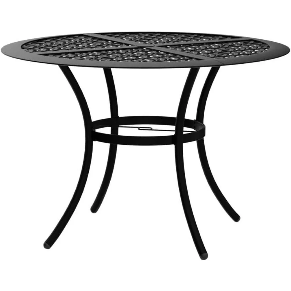 Outdoor circular wrought iron terrace metal dining table with umbrella hole, backyard lawn balcony deck steel frame, black