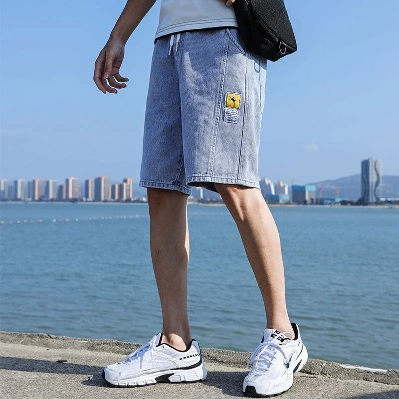 

Drawstring Men's Short Jeans Pants Bermuda Male Denim Shorts Baggy Half Long Wide Loose with Pockets Retro Trend 2025 Distressed