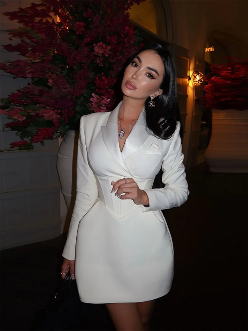 

Spring White Women Suit Skirt Corset Lace Up Back Full Sleeves Sheath Prom Party Gown Formal Wedding Guest Birthday Robe Coat