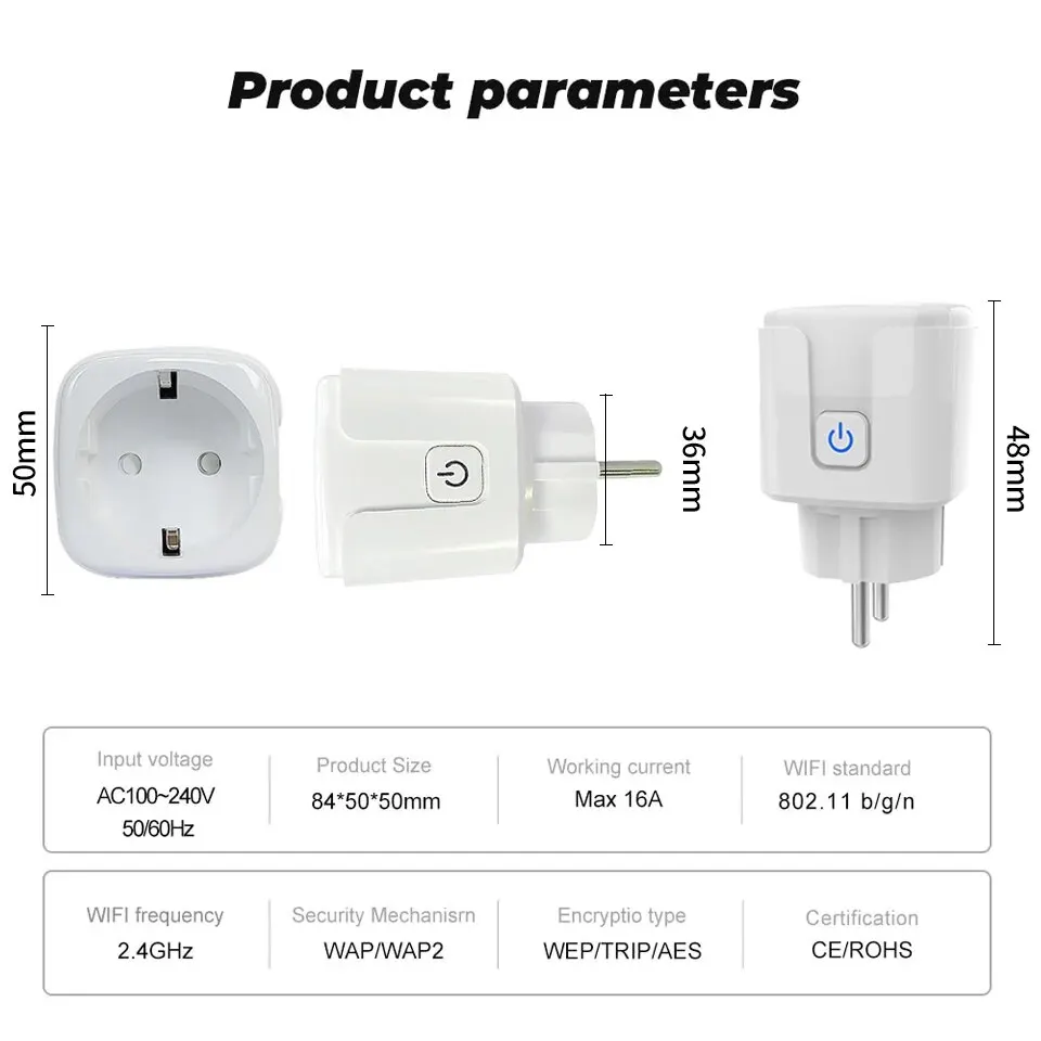 Meetoo 16A Tuya EU WiFi Socket Plug Smart Life Outlet With Monitor Timing Function WiFi Plug with APP Control and Alexa Google