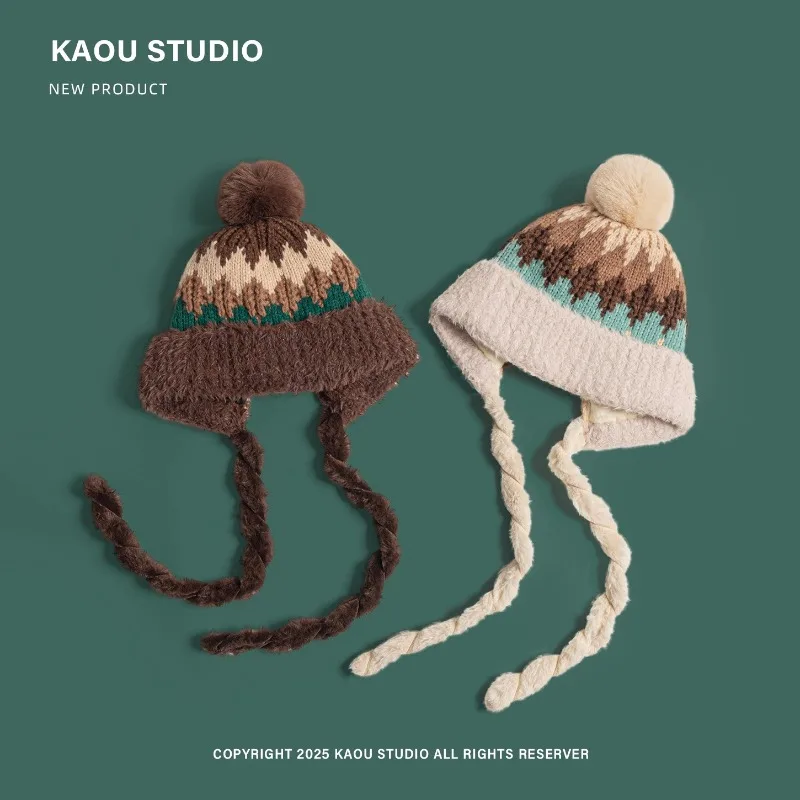 Cappellini pullover lavorati a maglia jacquard letterario stile Fair Island vintage per le donne Cappelli bomber con cinturino carino e versatili da viaggio invernale