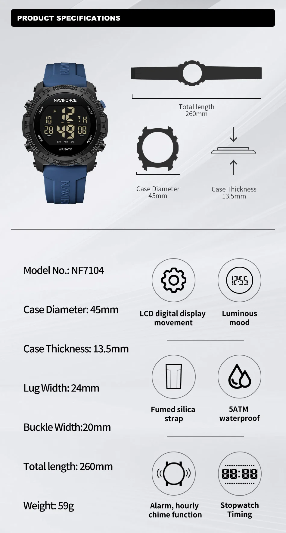 NAVIFORCE-Montre électronique pour homme, montre-bracelet numérique LCD, bracelet en silicone étanche, calendrier masculin, mode 5iko