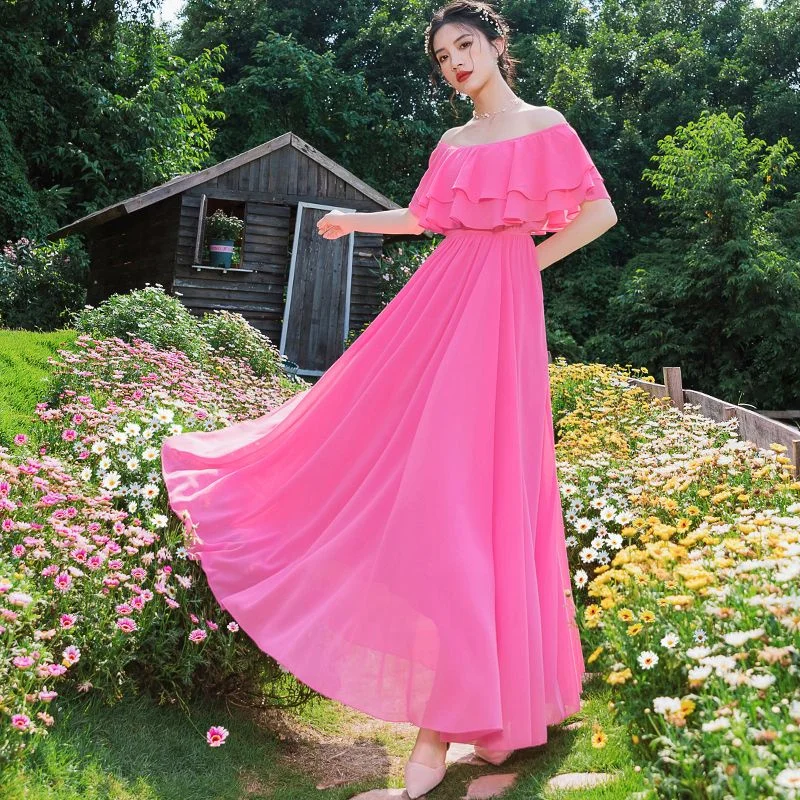 

2024 Women Dress Summer New Off Shoulder Chiffon Beach Pink Yellow Red Casual Elegant Dress Long vestido de mujer