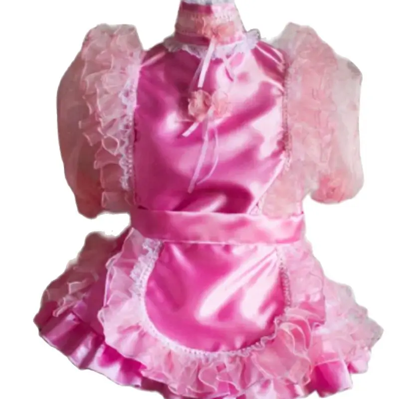 

French Hot Selling New Sissy Dress Blue and Black Satin Ruffle Cute Sexy Maid Role Play Customization