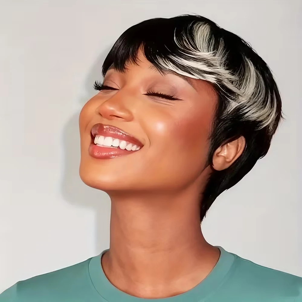 Cinza destaque curto pixie corte peruca de cabelo humano peruca reta com pré arrancado franja cabelo remy brasileiro para mulher máquina feita boné