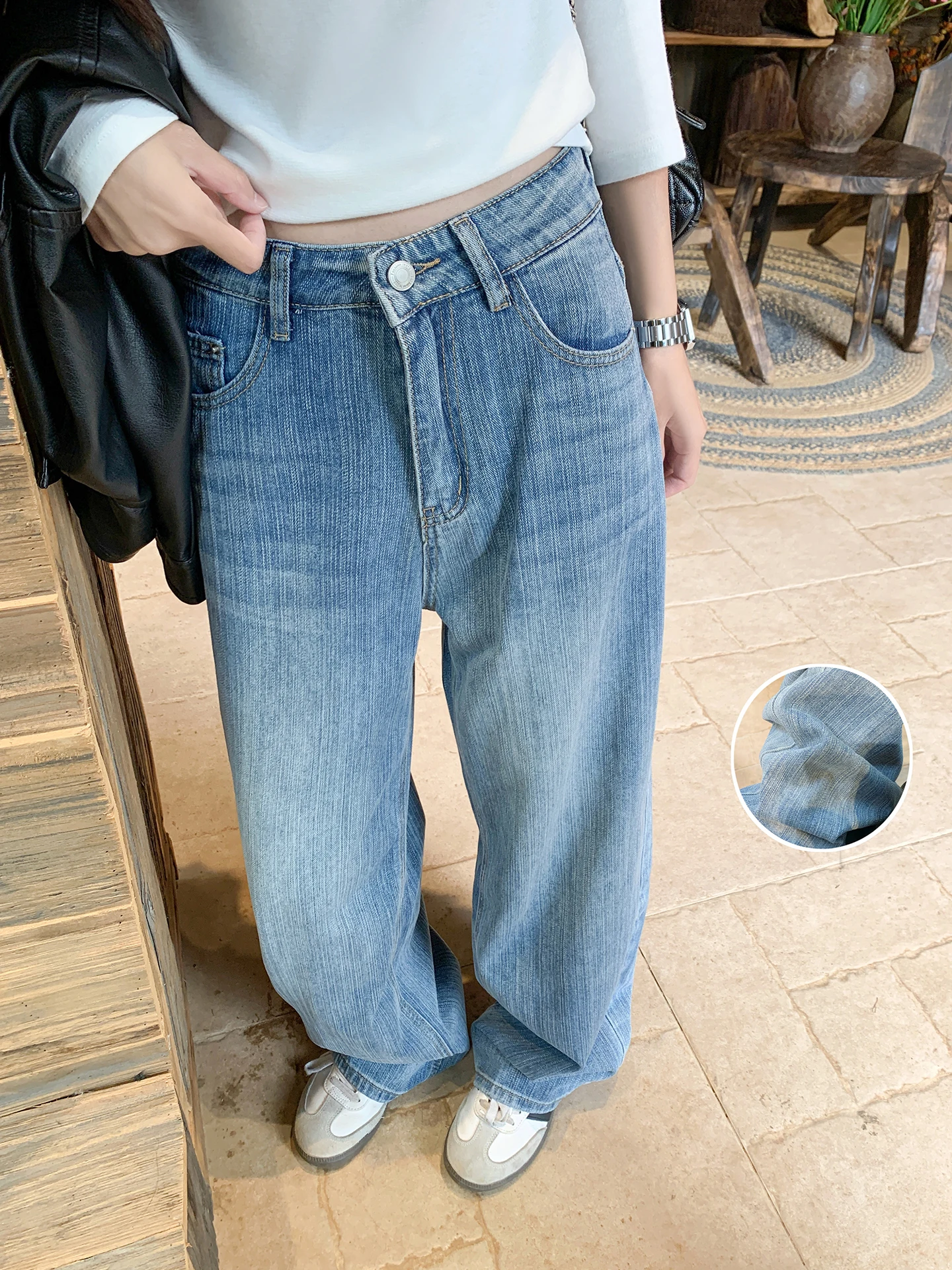 

Синие джинсы с высокой талией и широкими штанинами, женские свободные тонкие прямые корейские повседневные хлопковые брюки с застежкой на пуговицы, чистый цвет, осенняя одежда