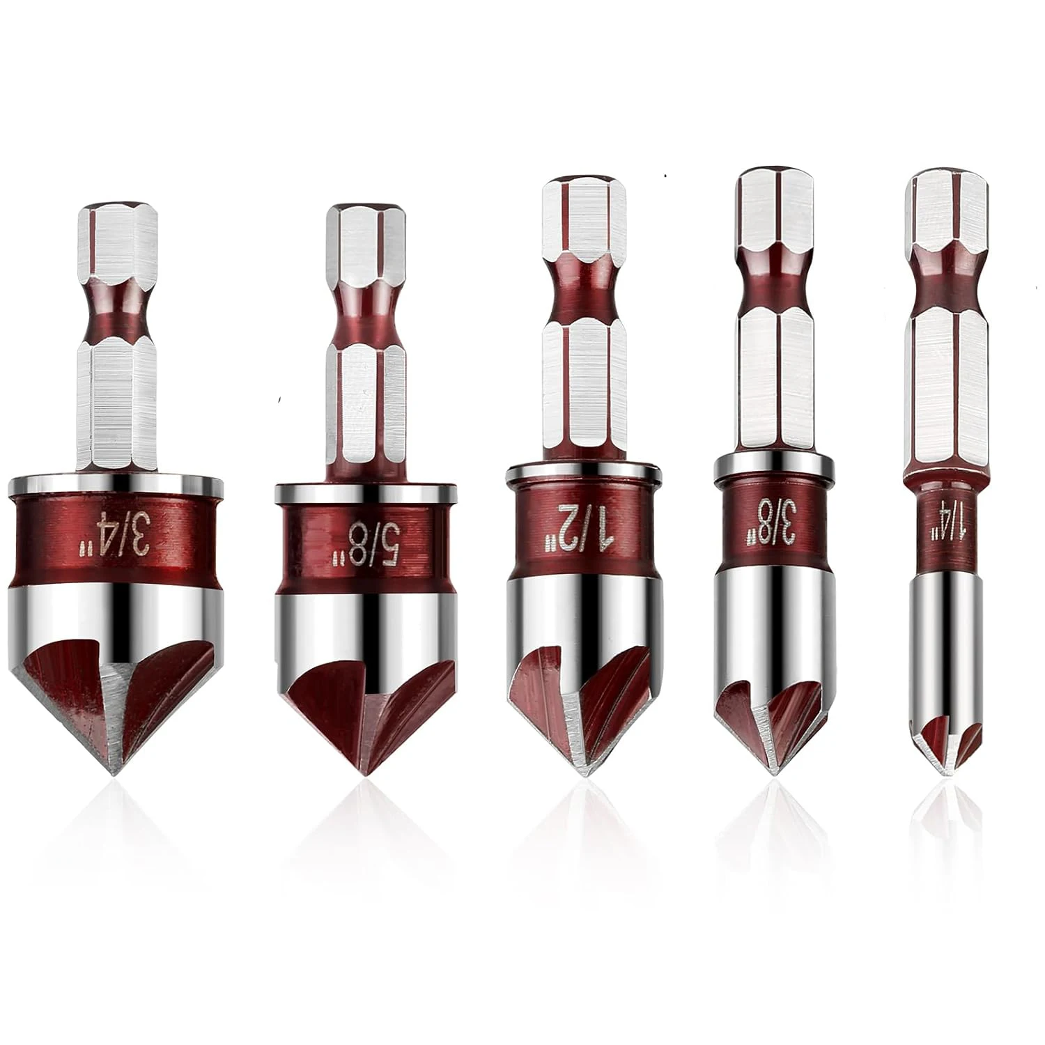 

Набор сверл с зенковкой, 5 шт., 82 градуса, 5 канавок, шестигранный хвостовик без покрытия, от 1/4 до 3/4 дюйма, для дерева, металла, пластика, снятия фаски, удаления заусенцев