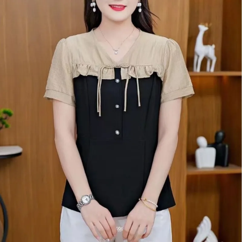 Women\'s Summer 2024 New Blouses Fashion Spliced Ruffles Fake Two V-neck Button Color-blocked Commute Short Sleeve Chiffon Shirts