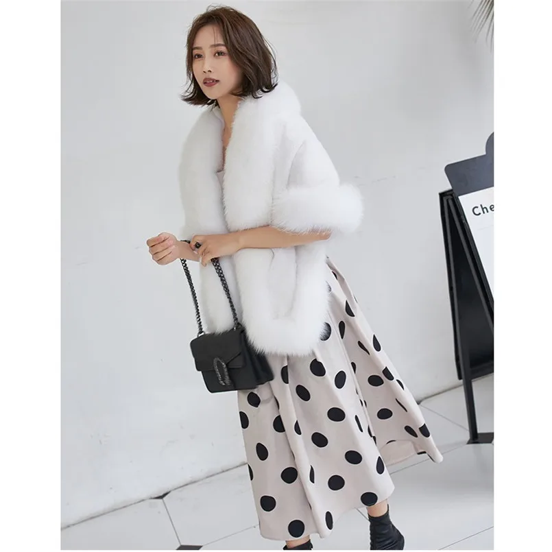 Autumn Winter New White Real Mink Fur Shawl with Genuine Fox Fur trimmed Thick Warm Cape for Women