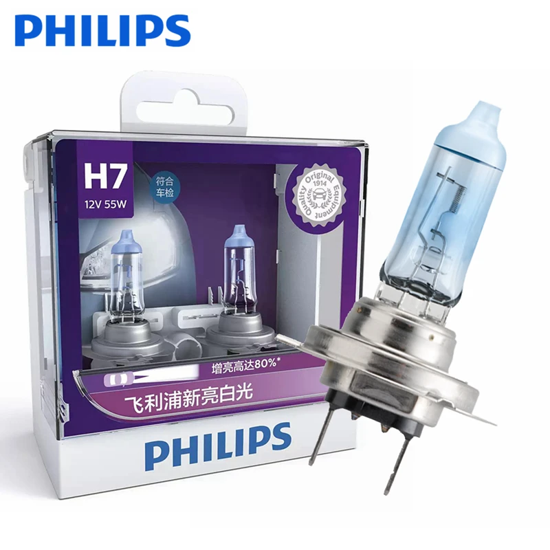 Philips H7 12V 55W PX26d WHV 3700K Bright Light Up to 80% Vision Halogen Original Car Lamps Headlight 12972VBS2, 2X