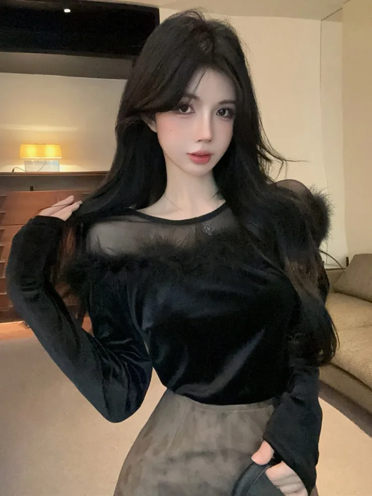 

Pure Desire Design Mesh Splice Fur Collar Shoulder Bared Base Shirt Women's Fashion Slimming Versatile Autumn Winter Top