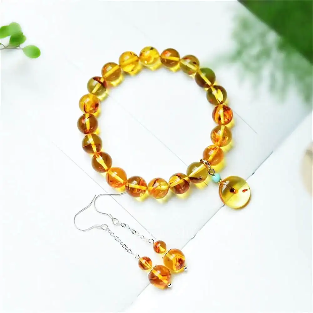 Natural Amber Bracelet And Stud Set Natural Color Crystal Lucky Bracelet And Earrings For Ladies Upscale Gift