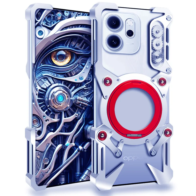 

Zimon Luxury Armor Metal Aluminum Phone Bumper For Oppo Reno 15 11 Reno14 Reno12 Pro Cover Mechanical Purely Handmade Skull Case