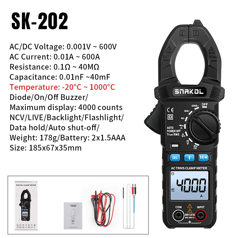 SK-203 Intelligent Clamp Meter 600A AC/DC Current/RMS 35mm Large Diameter Clamp Head Backlight + Flashlight Dual Illumination