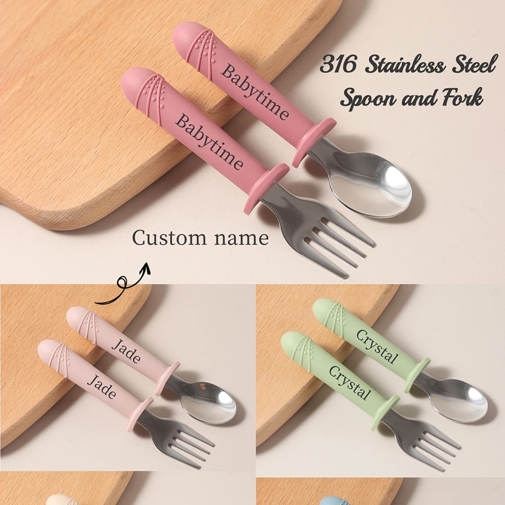 

Custom Long Handle Silicone Spoon & Fork Set - Food Grade BPA-Free, 316 Stainless Steel Head, Baby Weaning Utensils Self-Feeding