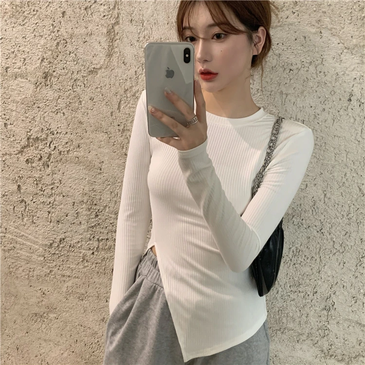 Sweet Asymmetric Short Sleeve Women's T-shirt Ins Trendy Pleated Minimalist Design Long Sleeve Top Fashionable Crew Neck