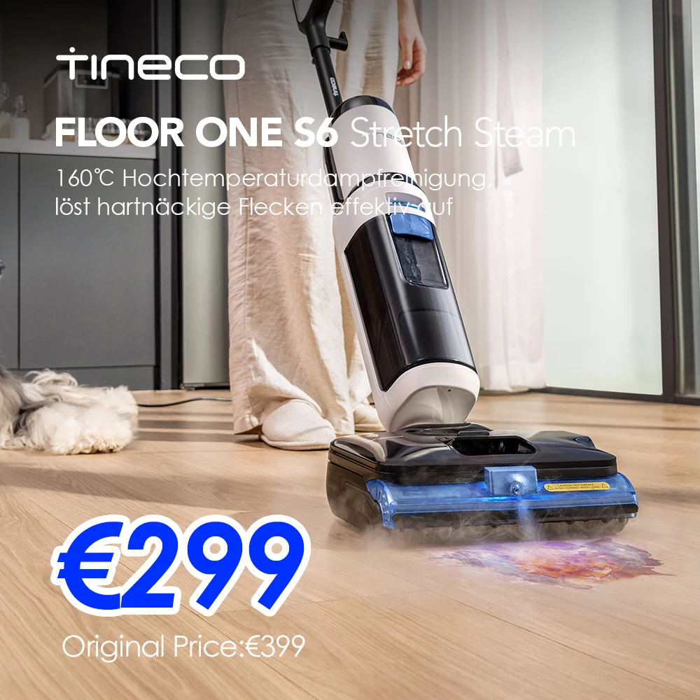 Tineco FLOOR ONE S6 Stretch Steam Nass Trockensauger, 160 °C Tineco BoostSteam, Anti-Verwicklungs-Design, FlashDry Selbstreinigung, Dampfreiniger mit Kabel für eingetrocknete Flecken und Fugen